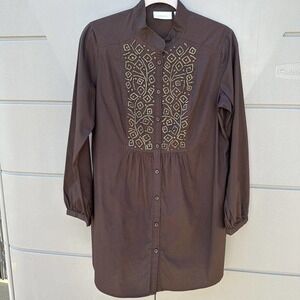 Chicos Womens Tunic Top Blouse Beaded Front Brown Stretch Long Sleeve Size 0 | S